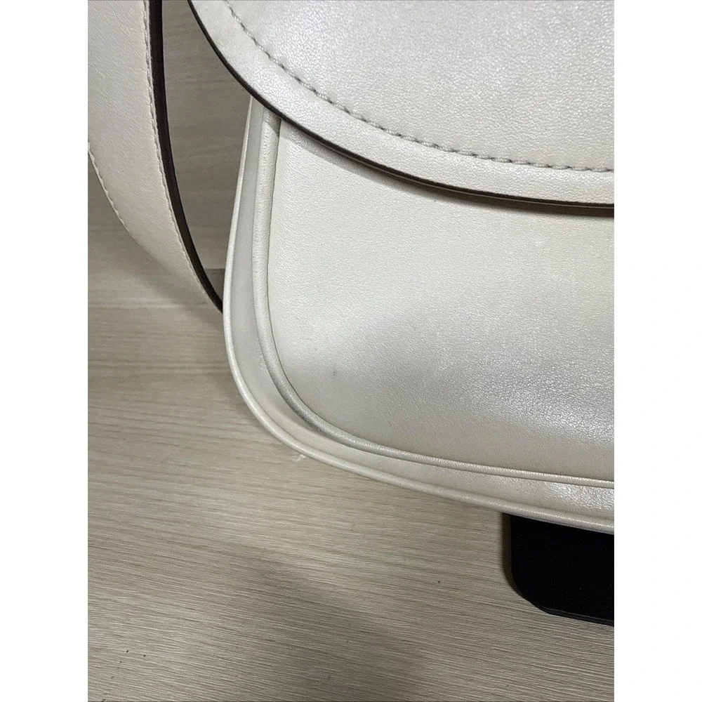Tory Burch Cream Smooth Leather James Saddle Bag Silver Hardware‎ Adjustable